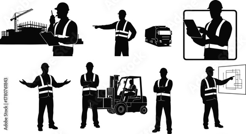 Silhouette vector illustration of construction workers planning, supervising, operating forklift, reviewing blueprints, teamwork, logistics, safety, architecture, labor, tools, and industry