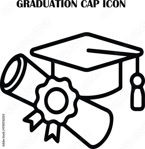 Minimal graduation cap icon vector — education, learning, success, and achievement symbol for academic design and digital use