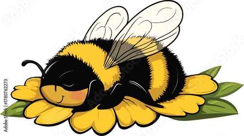 Cute cartoon bumblebee flying near a yellow flower, a sweet summer insect vector illustration