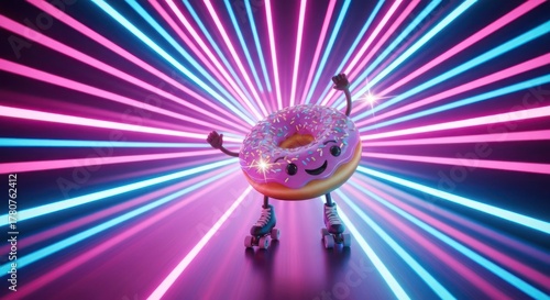Animated donut on roller skates, beaming with neon energy behind it