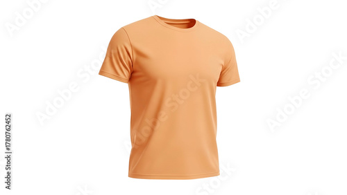 Realistic rendering showcases an athletic short-sleeved upper garment in a muted orange tone against a deep black background.
