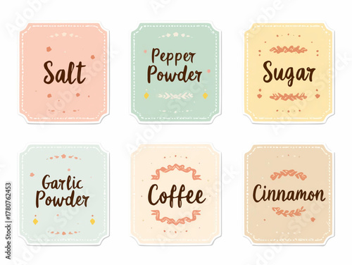 Vintage spice labels featuring salt, pepper, sugar, garlic, coffee, and cinnamon, perfect for organizing your kitchen