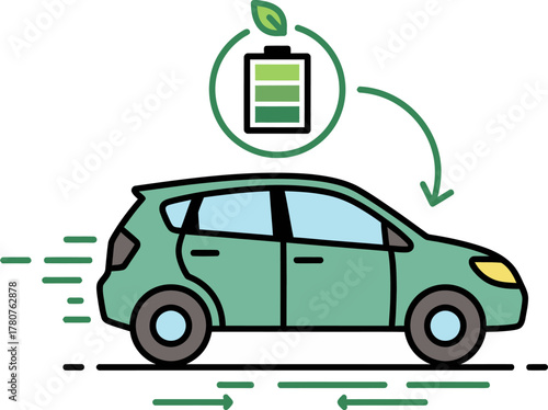 Illustration of a green electric car powered by a rechargeable eco-friendly battery. Concept of sustainable transportation and clean energy