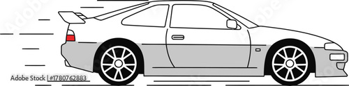 A stylized illustration of a fast-moving two-door sports car with a spoiler, depicted with speed lines indicating rapid motion.