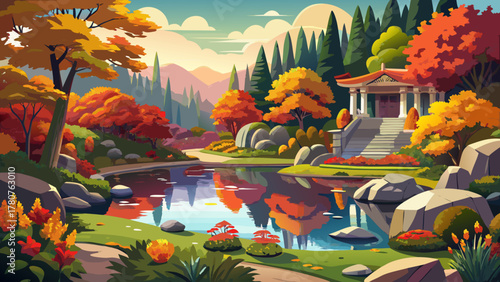 Very beautiful Asticou Azalea Garden in Acadia National Park, Maine, USA, featuring vibrant autumn foliage, calm lake reflections, colorful trees, and a serene peaceful atmosphere in a realistic lands