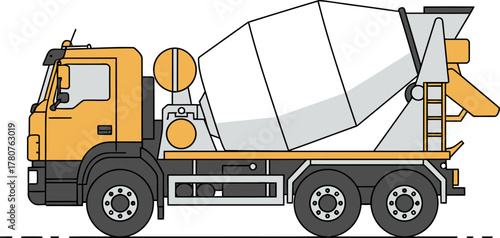 Side view illustration of a yellow and grey concrete mixer truck, used for construction and transporting cement.
