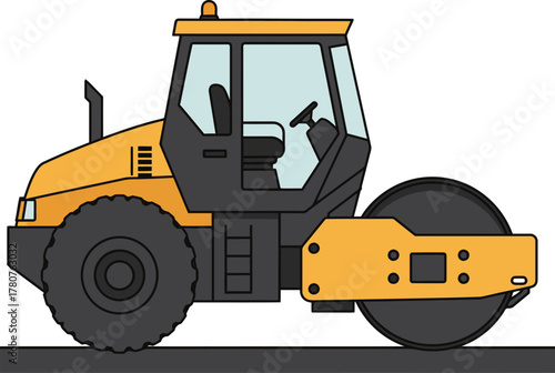 Heavy yellow road roller vehicle used for compacting surfaces in construction projects.