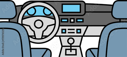 Illustration of a car interior with steering wheel, dashboard, and front seats in a flat design style.