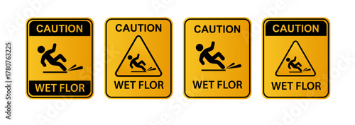 Wet floor signs. Hazard slippery surface wet floor sign. Caution orange signs plate. Vector