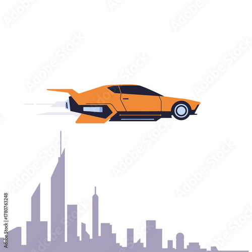Futuristic orange flying car soaring above a city skyline, depicting advanced urban transport.