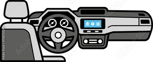Modern car interior view with dashboard, steering wheel, and digital display screen. Flat vector illustration of an automobile cockpit