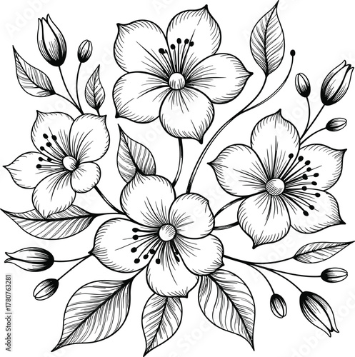 Hand-drawn sketch of blooming flowers and leaves with detailed shading