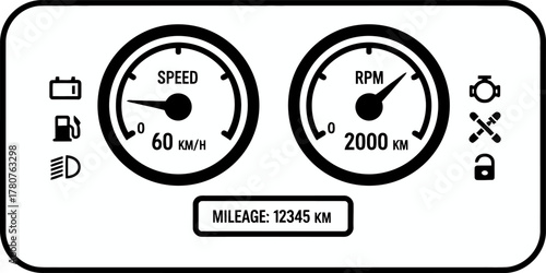 Vehicle dashboard display with speed, RPM, mileage, and various indicator lights including battery, fuel, headlights, check engine, and lock.