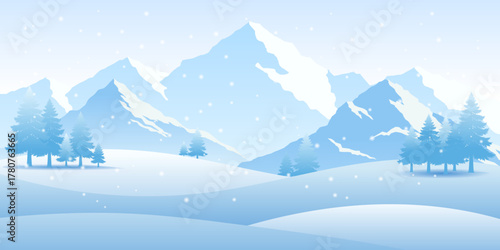 Winter panoramic background, snowy landscape with hills and pine trees