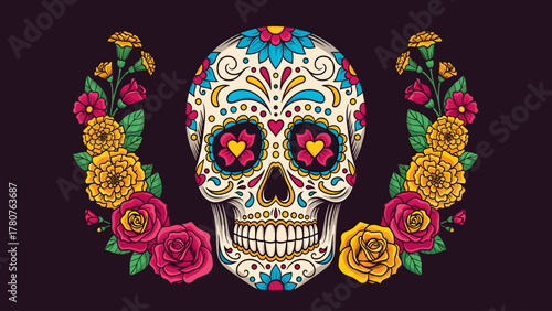 Colorful Sugar Skull with Floral Wreath - Dia de los Muertos Calavera Illustration