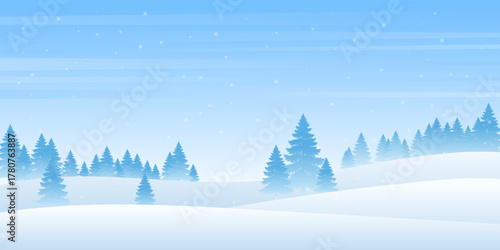 Winter panoramic background, snowy landscape with hills and pine trees