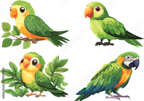 Set of Four Adorable Cartoon Parrots and Macaw Characters with Lush Green Feathers, Perfect for Tropical and Jungle Design Projects