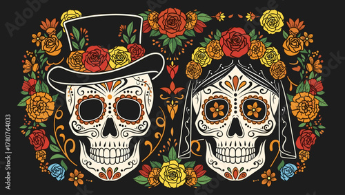 Día de los Muertos Sugar Skulls Couple with Colorful Floral Ornaments. Traditional Mexican Celebration Art.