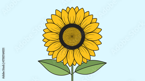 Bright yellow sunflower illustration, cartoon style. Simple floral graphic with green leaves on a light blue background.