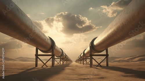 Two minimalistic pipeline extending across a vast desert landscape, global fuel supply tension, energy dependence, and the fragile balance between natural resources and modern industry.