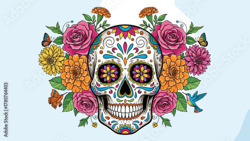 Day of the Dead Sugar Skull with Vibrant Floral Arrangement, Butterflies & Hummingbird Illustration