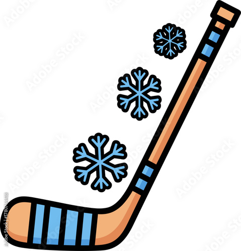Hockey stick with snowflakes on transparent background, concept of winter  