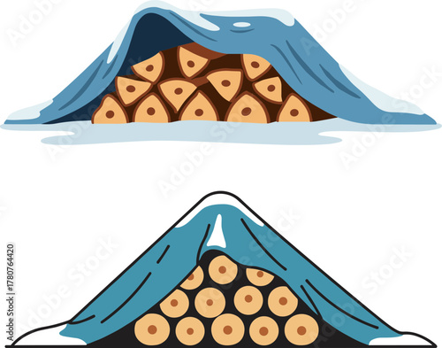 Stacked firewood covered with blue tarp on transparent background