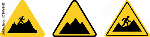 Warning signs indicating hiking danger with mountains in background  