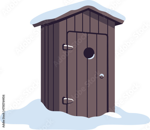 Wooden outdoor toilet shed covered in snow during winter, transparent background  