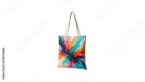 Reusable fabric container displays vibrant, abstract explosion of colorful brushstrokes against a dark background