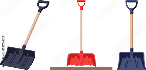 Snow shovels in blue and red colors on a transparent background  