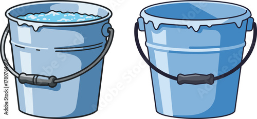 Blue buckets with water and ice on a transparent background  