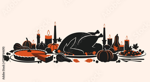 A festive Thanksgiving feast featuring a carved turkey, pumpkin pie, and autumn decorations