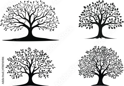 Set of Four Detailed Tree of Life Silhouettes Representing Nature, Genealogy, Growth, and Environmental Themes Vector Illustration