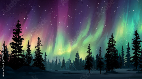 Silhouette of pine trees under aurora borealis in a night sky with stars