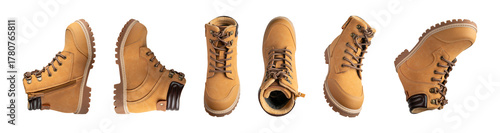 Cut-out autumn leather boots. Brown men's boots made of genuine nubuck with a rough sole isolated on white background. With clipping path. Fashionable winter hiking trekking shoes, work boots, mockup