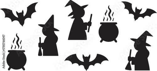 Halloween silhouette icon set with witch bats and cauldron Spooky magic vector elements