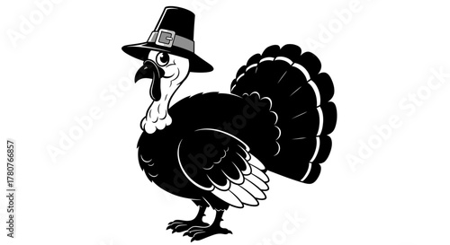 Monochrome vector illustration of a festive turkey character wearing a pilgrim's hat, a classic symbol of the traditional Thanksgiving holiday celebration