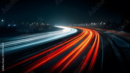 Dynamic long-exposure of a winding highway at night. Vibrant red and blue light trails from traffic create a feeling of immense speed and energy.