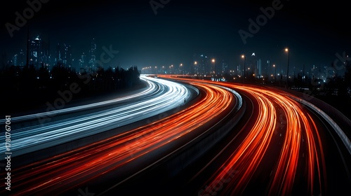 Dynamic long-exposure of a winding highway at night. Vibrant red and blue light trails from traffic create a feeling of immense speed and energy.