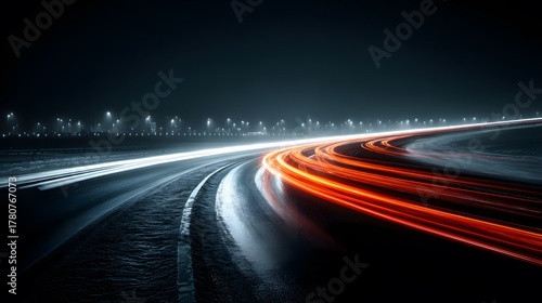Dynamic long-exposure of a winding highway at night. Vibrant red and blue light trails from traffic create a feeling of immense speed and energy.