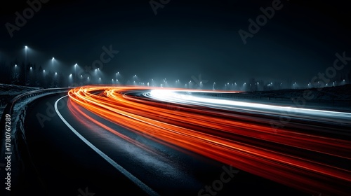 Dynamic long-exposure of a winding highway at night. Vibrant red and blue light trails from traffic create a feeling of immense speed and energy.