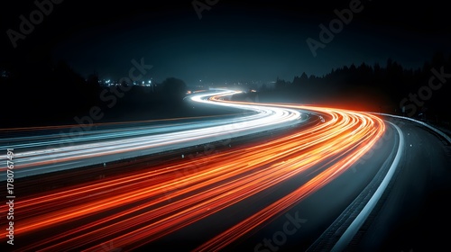 Dynamic long-exposure of a winding highway at night. Vibrant red and blue light trails from traffic create a feeling of immense speed and energy.