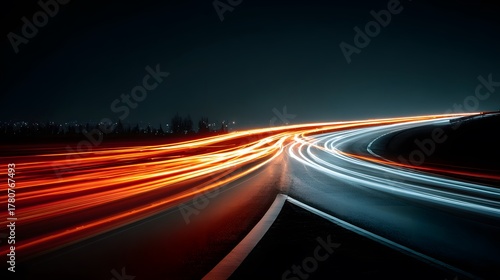 Dynamic long-exposure of a winding highway at night. Vibrant red and blue light trails from traffic create a feeling of immense speed and energy.