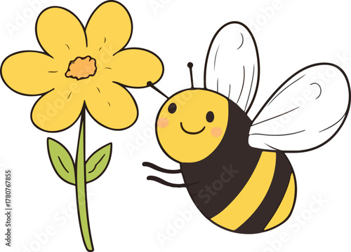 Cute yellow cartoon bumblebee on a flower enjoying honey with a smile in nature, a funny vector drawing