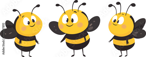 Cute cartoon yellow bees flying with honey near a flower, sweet nature insect animal illustration