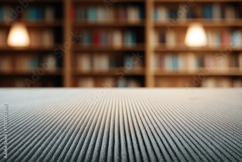 Blurred Library Interior With Bookshelves And Table