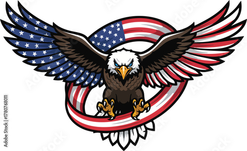 American Eagle Mascot with Flag — Patriotic Vector Illustration