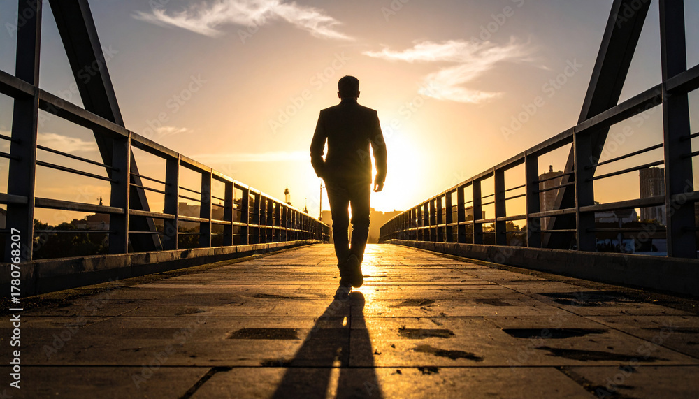 Fototapeta premium Shadow of a person walking across a bridge