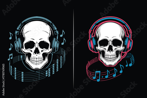 Skull Headphone Music-Inspired Vector, Cool Skull Vector Art Pastel Drawing Design, Gothic Aesthetic Skull Illustration, Edgy Tattoo Style Skull Graphic, Dark Grunge Skull Clipart Bundle